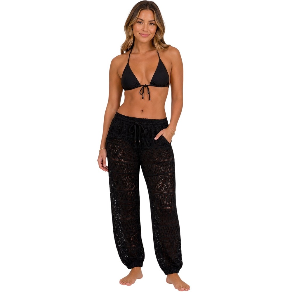 Pacific Beach Crochet Swim Cover Up Pants Womens Medium Black Drawstring Jogger